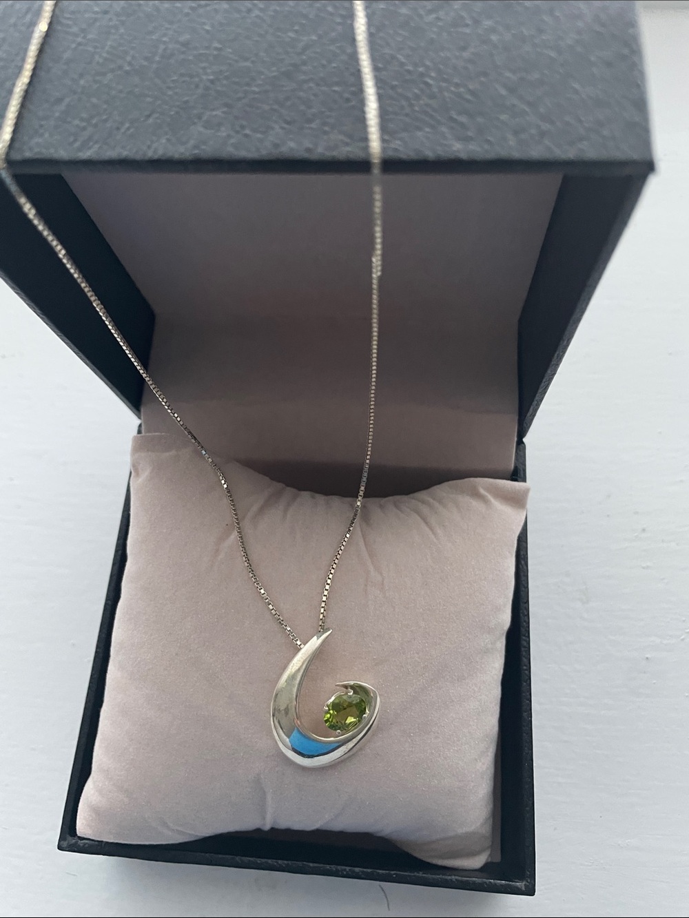 Sterling Silver Green Gemstone Crescent Pendant Necklace